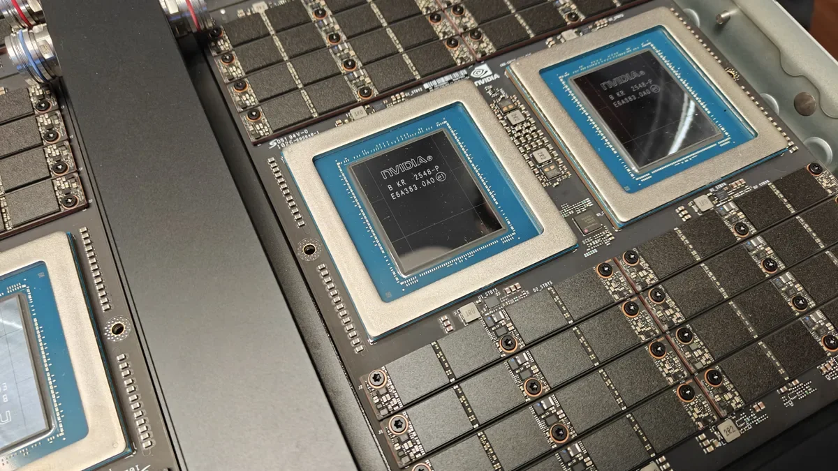 Close-up of processor chips on a circuit board.