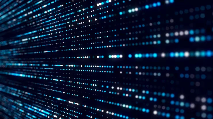 Blue data particles flowing across a dark background.